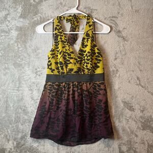 Vintage Y2K Babydoll Halter Top‎ Leaf Print Ombre Fairycore Festival Size S Silk